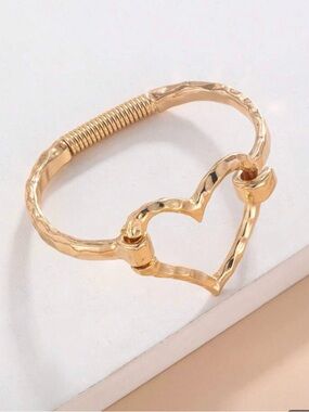 Gold Heart Hammered Heart Bangle Bracelet